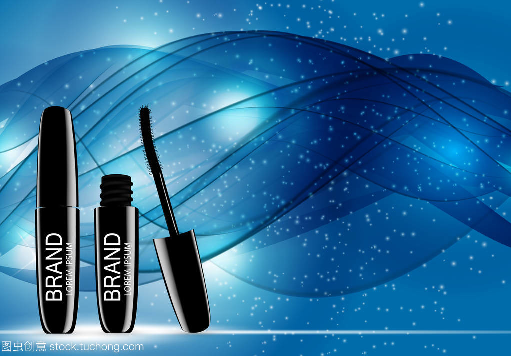 时装设计化妆品产品模板的广告或杂志背景。睫毛膏产品系列 Reportv 3d 逼真矢量 Iillustration